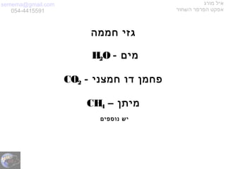 semema@gmail.com
054-4415591
‫מורג‬ ‫איל‬
‫השחור‬ ‫הפרפר‬ ‫אפקט‬
‫חממה‬ ‫גזי‬
- ‫מים‬H2O
- ‫חמצני‬ ‫דו‬ ‫פחמן‬CO2
– ‫מיתן‬CH4
‫יש‬‫נוספים‬
 