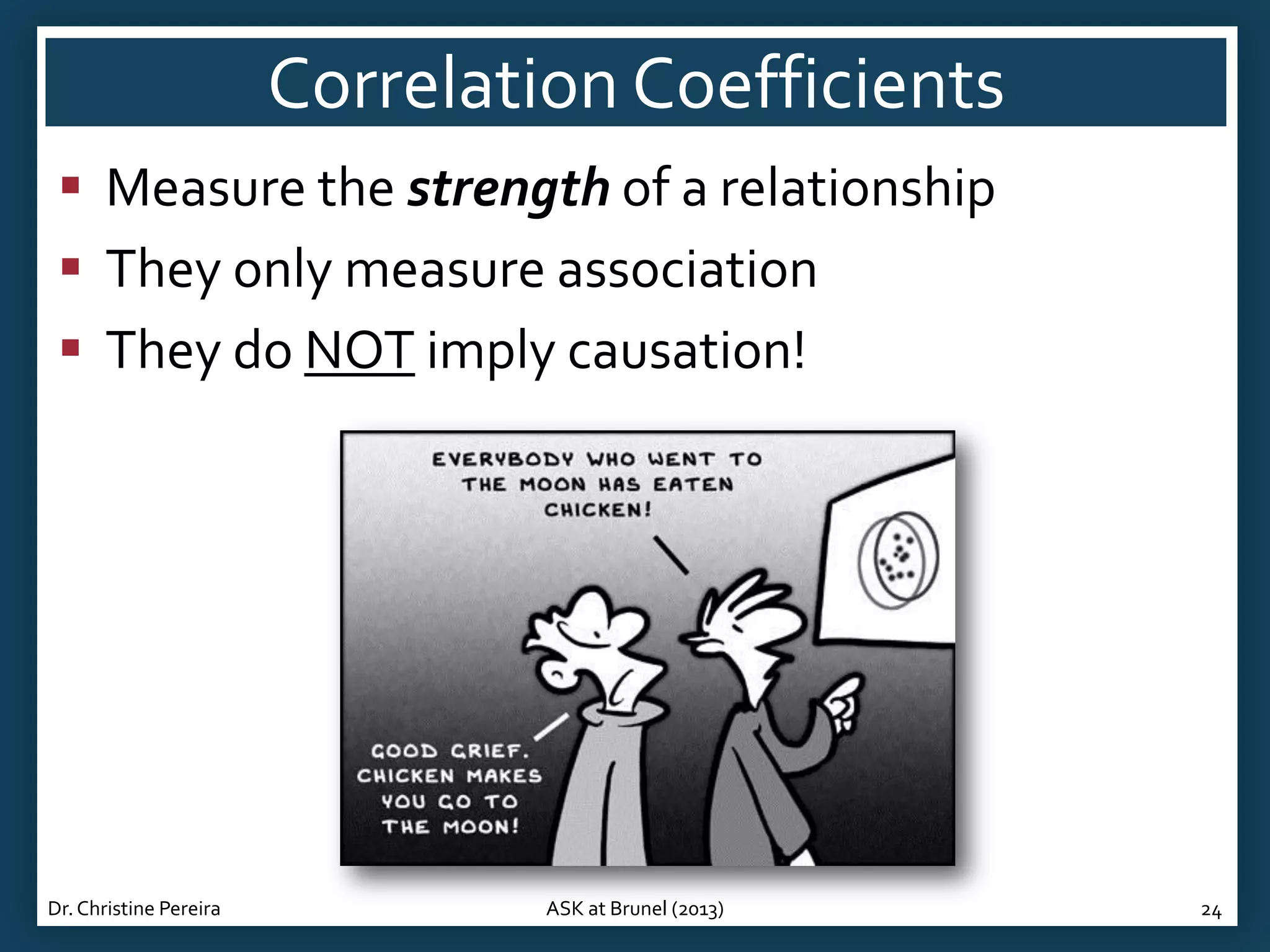 Correlation Coefficients
 Measure the strength of a relationship
 They only measure association
 They do NOT imply causation!

Dr. Christine Pereira

ASK at Brunel (2013)

24

 