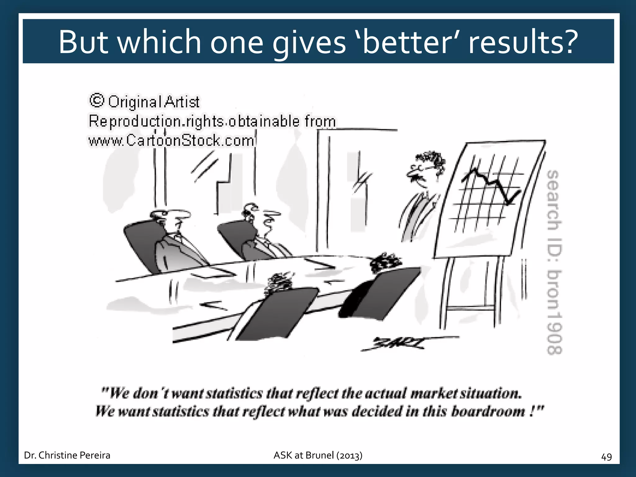 But which one gives ‘better’ results?

Dr. Christine Pereira

ASK at Brunel (2013)

49

 