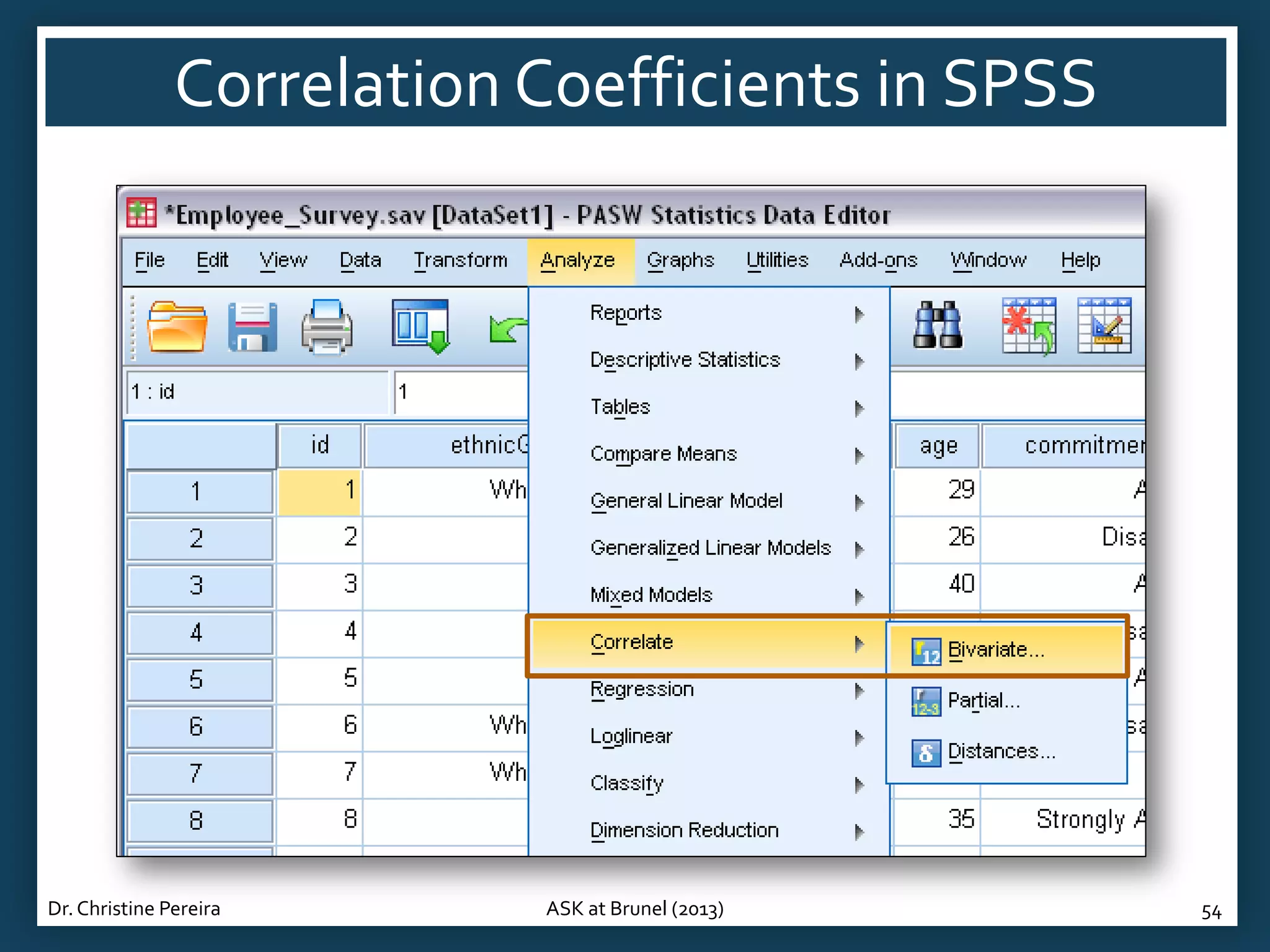 Correlation Coefficients in SPSS

Dr. Christine Pereira

ASK at Brunel (2013)

54

 