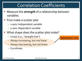 Correlation Coefficients
 Measure the strength of a relationship between
variables.
 First make a scatter plot



x-axis: Independent variable
y-axis: Dependent variable

 What shape does the scatter plot make?





Linear (i.e., “straight line”)
Always increasing, but not linear
Always decreasing, but not linear
Curvilinear

Dr. Christine Pereira

ASK at Brunel (2013)

Spearman’s rho

6

 