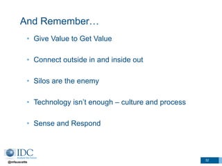 @mfauscette
And Remember…
32
•  Give Value to Get Value
•  Connect outside in and inside out
•  Silos are the enemy
•  Tec...