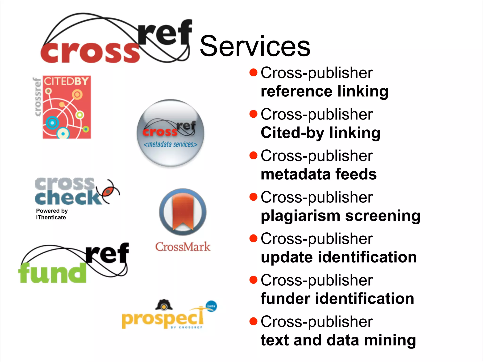 Services

Powered by
iThenticate

• Cross-publisher
reference linking
• Cross-publisher  
Cited-by linking
• Cross-publisher
metadata feeds
• Cross-publisher
plagiarism screening
• Cross-publisher  
update identification
• Cross-publisher 
funder identification
• Cross-publisher 
text and data mining 

 