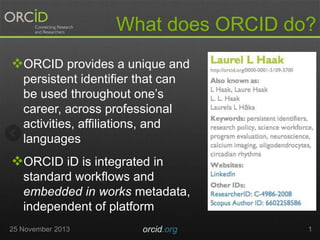 What does ORCID do?
ORCID provides a unique and
persistent identifier that can
be used throughout one’s
career, across professional
activities, affiliations, and
languages

ORCID iD is integrated in
standard workflows and
embedded in works metadata,
independent of platform
25 November 2013

orcid.org

1

 