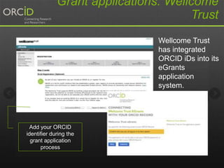Grant applications: Wellcome
Trust
Wellcome Trust
has integrated
ORCID iDs into its
eGrants
application
system.

Add your ORCID
identifier during the
grant application
process

 