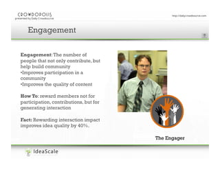 Enter your presentation title here
Engagement
Engagement: The number of
people that not only contribute, but
help build community
• Improves participation in a
community
• Improves the quality of content
How To: reward members not for
participation, contributions, but for
generating interaction
Fact: Rewarding interaction impact
improves idea quality by 40%.
The Engager

 