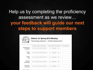 Help us by completing the proficiency
    assessment as we review…
 your feedback will guide our next
    steps to support members
 