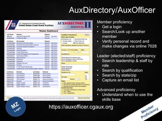 AuxDirectory/AuxOfficer
                    Member proficiency
                    • Get a login
                    • Search/Look up another
                      member
                    • Verify personal record and
                      make changes via online 7028

                    Leader (elected/staff) proficiency
                    • Search leadership & staff by
                      role
                    • Search by qualification
                    • Search by state/zip
                    • Capture an email list

                    Advanced proficiency
                    • Understand when to use the
                      skills base
https://auxofficer.cgaux.org
 