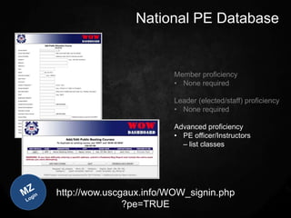 National PE Database


                         Member proficiency
                         • None required

                         Leader (elected/staff) proficiency
                         • None required

                         Advanced proficiency
                         • PE officer/Instructors
                           – list classes




http://wow.uscgaux.info/WOW_signin.php
               ?pe=TRUE
 