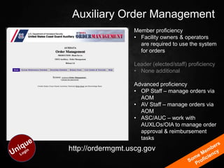 Auxiliary Order Management
                  Member proficiency
                  • Facility owners & operators
                    are required to use the system
                    for orders

                  Leader (elected/staff) proficiency
                  • None additional

                  Advanced proficiency
                  • OP Staff – manage orders via
                    AOM
                  • AV Staff – manage orders via
                    AOM
                  • ASC/AUC – work with
                    AUXLOs/OIA to manage order
                    approval & reimbursement
                    tasks
http://ordermgmt.uscg.gov
 