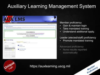 Auxiliary Learning Management System


                             Member proficiency
                             • Gain & maintain login
                             • Take mandated training
                             • Understand additional oppty.

                             Leader (elected/staff) proficiency
                             • Promote mandated training

                             Advanced proficiency
                             • None results reported
                               automatically




         https://auxlearning.uscg.mil
 