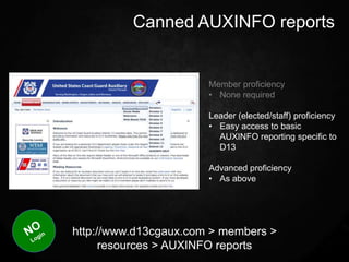 Canned AUXINFO reports


                       Member proficiency
                       • None required

                       Leader (elected/staff) proficiency
                       • Easy access to basic
                         AUXINFO reporting specific to
                         D13

                       Advanced proficiency
                       • As above




http://www.d13cgaux.com > members >
      resources > AUXINFO reports
 