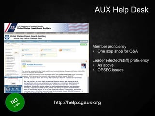 AUX Help Desk



                 Member proficiency
                 • One stop shop for Q&A

                 Leader (elected/staff) proficiency
                 • As above
                 • OPSEC issues




http://help.cgaux.org
 