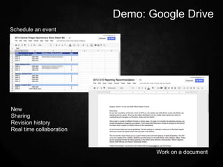 Demo: Google Drive
Schedule an event




New
Sharing
Revision history
Real time collaboration



                                 Work on a document
 