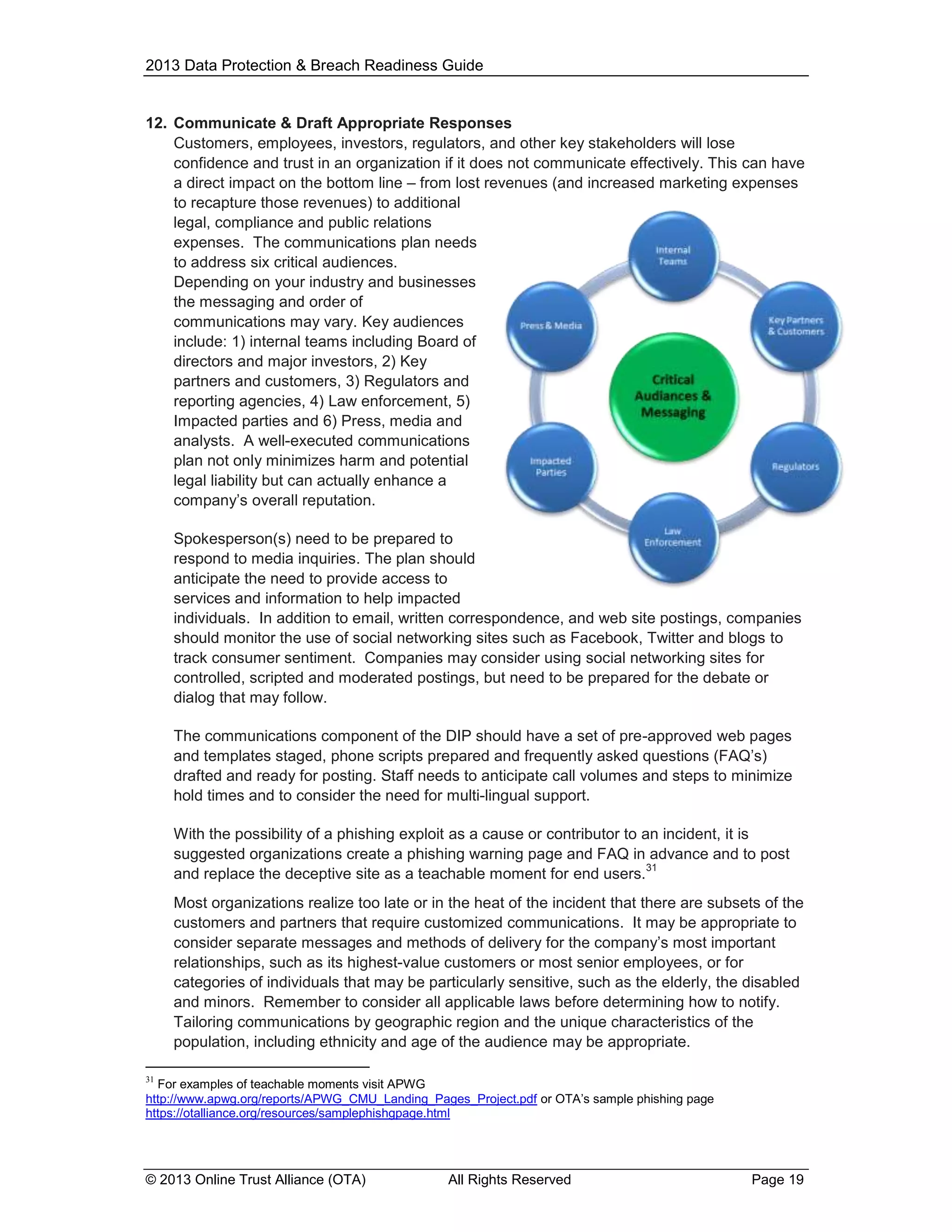 2013 Data Protection & Breach Readiness Guide

12. Communicate & Draft Appropriate Responses
Customers, employees, investors, regulators, and other key stakeholders will lose
confidence and trust in an organization if it does not communicate effectively. This can have
a direct impact on the bottom line – from lost revenues (and increased marketing expenses
to recapture those revenues) to additional
legal, compliance and public relations
expenses. The communications plan needs
to address six critical audiences.
Depending on your industry and businesses
the messaging and order of
communications may vary. Key audiences
include: 1) internal teams including Board of
directors and major investors, 2) Key
partners and customers, 3) Regulators and
reporting agencies, 4) Law enforcement, 5)
Impacted parties and 6) Press, media and
analysts. A well-executed communications
plan not only minimizes harm and potential
legal liability but can actually enhance a
company’s overall reputation.
Spokesperson(s) need to be prepared to
respond to media inquiries. The plan should
anticipate the need to provide access to
services and information to help impacted
individuals. In addition to email, written correspondence, and web site postings, companies
should monitor the use of social networking sites such as Facebook, Twitter and blogs to
track consumer sentiment. Companies may consider using social networking sites for
controlled, scripted and moderated postings, but need to be prepared for the debate or
dialog that may follow.
The communications component of the DIP should have a set of pre-approved web pages
and templates staged, phone scripts prepared and frequently asked questions (FAQ’s)
drafted and ready for posting. Staff needs to anticipate call volumes and steps to minimize
hold times and to consider the need for multi-lingual support.
With the possibility of a phishing exploit as a cause or contributor to an incident, it is
suggested organizations create a phishing warning page and FAQ in advance and to post
31
and replace the deceptive site as a teachable moment for end users.
Most organizations realize too late or in the heat of the incident that there are subsets of the
customers and partners that require customized communications. It may be appropriate to
consider separate messages and methods of delivery for the company’s most important
relationships, such as its highest-value customers or most senior employees, or for
categories of individuals that may be particularly sensitive, such as the elderly, the disabled
and minors. Remember to consider all applicable laws before determining how to notify.
Tailoring communications by geographic region and the unique characteristics of the
population, including ethnicity and age of the audience may be appropriate.
31

For examples of teachable moments visit APWG
http://www.apwg.org/reports/APWG_CMU_Landing_Pages_Project.pdf or OTA’s sample phishing page
https://otalliance.org/resources/samplephishgpage.html

© 2013 Online Trust Alliance (OTA)

All Rights Reserved

Page 19

 