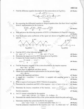 t0EC44

c.

Find the difference equation description for the system shown in

Fig.Q3(c).

Y

d.

(04 Marks)

("1

Fie.Q3(c)
By converting the differential equation to integral equation draw the direct form-I and direct
form-Il implementation for the system as
d2x(t)
d'y(t) * 1 dy(t)
(04 Marks)
v
.*a
= x(t) *I u
-t
-nt/

qJ$*

d,
dt2
dt'
prove the following properties of DTFS: (i) Modulation (ir) Parseval's,ni,%riil;u.,
dtr

4a.
b.

State and

Find theFourier series coefficients of the signal x(t) shown in Fig.Q4(b) and also draw its
(10 Marks)

spectra.

-Tr
Fig.QaG)

a.
b.
c.

fl

Fie.Qs(b)

"...., PART_B

.

Find the DTFT of the following signals:

x(n) :2'u(-n)
Determine the signal x(n) if its DTFT is as shown in Fig.Q5(b).
Compute the Fourier transform of the signal

(i) x(n):unl' lal<1

(iil

(08 Marks)
(06 Marks)

fl+cosnt : lti<l

x(t) = 1

|. 0

a.
b.
c.

(06 Marks)

: ltl>l

Find the frequency respanse of the system described by the impulse response
2t
h(t) : a(r) - 2e i(t)
and also draw its magnitude and phase spectra.
Obtain the Fourier translorm representation for the periodic signal
x(t) : sin wot
and draw the magnitude and phase.
A signal'x(t): cos(20nt) + % cos(30nt) is sampled with sampling period
Nyqaisf rate.

a. ffiat

(08 Marks)

(07 Marks)

tr. Find the
(05 Marks)

is region of convergence (ROC)? Mention its properties.

(06 Marks)

b: ' Determine the z-transform and ROC of the sequence x(n) = riu(n) + riu(-n).

C.

Determine the inverse z-transform of the function, x(z) =

l+z-'
l-z-t +0.52-2

'

, (07 Marks)

using partial

fraction expanslon.

8 a.
b.
c.

(07 Marks)

An LT1 system is described by the equation
y(n): x(n) + 0.8 x(n- 1) + 0.8x(n -2) -0.49y(n-2)
Determine the transfer function H(z) of the system and also sketch the poles and zeros.
(06 Marks)

Determine whether the system described by the equation
y(n):x(n) + by(n- 1) is causal and stablewhere lb l< 1.
Find the unilateral z-transform for the sequence y(n) : x(n - 2), where x(n)

-r-:;-

: o'.

(08Marks)
(06 Marks)

 