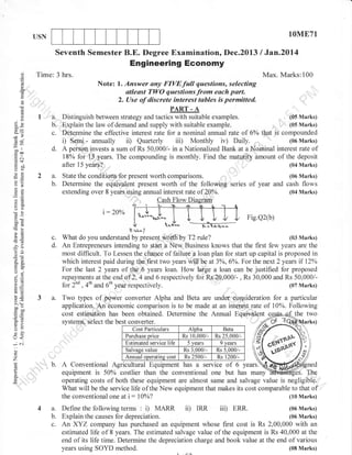 1OME71

USN

Seventh Semester B.E. Degree Examination, Dec.2013

/

Jzn.2O14

Engineering Economy
Time: 3 hrs.

o;

o
o

Note: l. Answer any FIVE full questions, selecting
atlesst Tl,yO questionsfrom each part.
2. Use of discrete interest tables is permitted.
PART - A

U

d

,,,

",,

o

I

0)
!

3e

Max. Marks:100

,,,

"'

,,' a.

'(05 Marks)
Distinguish between strategy and tactics with suitable examples.
b. ,,Explain the law of demand and supply with suitable example.
c. Determine the effective interest rate for a nominal annual rate of 6% that is compounded

(06 Marks)
i) S,errf - annually ii) Quarterly iii) Monthly iv) Daily. ,,..,
d. A peisgn:invests a sum of Rs 50,000/- in a Nationalized Bank at a Nominal interest rate of

6v

o0'
g0a
.=N
(d$

-il

13% foi 15,,::/e&rs. The compounding is monthly. Findthe matufity amount of the deposit
(04 Marks)
after 15 Veari?,.

-il

Y()
oEi

2a.

-O
=e

b.

State the conditisns for present worth comparisons.
Determine the equivalent present worth of the following series
extending over 8 yeais rising annual interest rate of 20o/o.

(06 Marks)

of year and cash flows
(04 Marks)

.....:::

a=
o()

i:20%

q-11-*.r;Y_-

Fig.Q2(b)

ooi
Q-ts-

,6

c.
d.

Eg0
OE
g;

tra.
orv
oj

;o
o:
ao
6LE
qo

?

(03 Marks)
What do you understand by present worth by T2 rule?
An Entrepreneurs intending to stalt a New Business knows that the lnst few years are the
most difficult. To Lessen the chance of failure b loan plan for start up capital is proposed in
which interest paid during the first two years *ill be at 3%o, 60/o. For the next 2 years if 12%
For the last 2 years of the 6 years loan. How la,rge a loan can be justified for proposed
repayments at the end of 2, 4 and 6 respectively foi Rs20,000/- , Rs 30,000 and Rs 50,000/(07 Marks)
lor 2nd . 4'h and 6'h year respectively.

Two types of power converter Alpha and Beta are under consideration for a particular
application. An economic comparison is to be made at an intg1-sSt rate of l0%. Following
the two
cost estiuratibn has been obtained. Determine the Annual Equivalent
system$,' s€lect the besj:eUS4g1
)

5.v
>,

1
bo

"tro0
(J=

o.B

tr>

Cost Particulars

or

U<

Purchase price

J6i

Estimated service life
Salvase value

o
o
'7

Annual operatins cost
b.

O

Aloha

Beta

Rs 10,0001
5 vears

Rs 25,0001

Rs 3,000/Rs 2500/-

Rs 5,000/-

9 vears

Rs 1200/-

A Conventional Agricultural Equipment has a service of 6 years.

lr(gned

equipment is 50% costlier than the conventional one but has many
. The
operating costs of both these equipment are almost same and salvage value is negligible.
What will be the service life of the New equipment that makes its cost comparable to that of
(10 Marks)
the conventional one at r: ljoh?

r,"'l

E

4a.

(06 Marks)
Define the following terms : i) MARR ii) IRR
iii) ERR.
(06 Marks)
b. Explain the causes for depreciation.
c. An XYZ company has purchased an equipment whose first cost is Rs 2,00,000 with an
estimated life of 8 years. The estimated salvage value of the equipment is Rs 40,000 at the
end of its life time. Determine the depreciation charge and book value at the end of various
years using SOYD method.
(08 Marks)

 