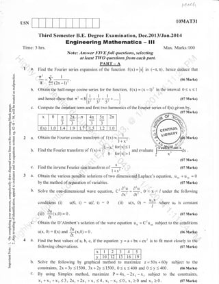 fi*.{''{,1

1OMAT31

USN

Third Semester B.E. Degree Examination, Dec.2013 lJan.2Dl4

Engineering Mathematics -

Time: 3 hrs.

lll

Max. Marks:100

Note: Answer FIVEfull questions, selecting
at least TWO questions from each part
PART _ A

1 ',u, Find the Fourier series
(J

*2@r
il

o
o
o.

b.

o

o
6

lFh

,,,

n'

=

c.

r{} * } * +.
u'3'5')

(06 Marks)

f(x)=(*-1)'intheinterval 0<x<1

Obtainthehalf-rangecosineseriesforthefunction,

L

^
(.)X

hence deduce that

I

'-

ura n.n.. show that

!
.9

f(x) = lxl in Gn,x),

B 3(2n-1)r'

L

6

expansion of the function

,,,,,,,,

}

(07 Marks)

Compute the constant term and first two harmonics of the Fouripr series of

(x)

given by,
(07 Marks)

J'
F6
NV

x

fi

0

50"
ioo

J

Fl

.=N

f(x)

.B+

Y

o.)

Oi
eO

-'o>
a_o=

2n.,,.

2a.
b.

1.0

1.9

;J

J

r.4

4x

.,.....fi

1.7

,,,1

5n

2n

t.2

1.0

;J

.5

CENfRAL
LIBRAflY

tru for* of f(x) = -L.
l+x'
h- *'for lxl < I
Find the Fourier translorm of f r x) i

Obtain the Fourier cosine

=

a=
LV

oc)

lMarks;

I o forlxl >t

(07 Marks)

-!

c.
-L

3a.

of

(07 Marks)

,;*

oX

>'1

sd

b.

Obtain the various possible solutions of two dimensional Laplace's equation, u,*

*u,,

by the method of separation of variables.

ad
E6
'ia
or=
aa

Find the inverse Fourier sine transform

S

(07 Marks)

'

o_i
6V
o=

.

_..

Solve the one-dimensional wave equation, C'

conditions

(i)

,
u(0, t)

:

0: 0

,, ,

u(1,

r2

r2

o-u
j=-, o-u
6x' A'

(ii)

(iii)

LO

5.e
> (ts

o-

ao

c or.)
o=

;(x.0)

tr>

u(x. 0)

=o
5!
^5
t<

*

4 a.

a.I

a_)

Z
o

a
c.

:

UnX

;

= 0.

where u6 is constant
(07 Marks)

c."' Obtain the D'Almbert's solution of the wave equation u,,

o.B

0 < x < / under the following

u(x, 0)

4l!

€;

=0

: (x) una $1*.0)

a"'

=0

- C'r**

subject to the conditions
(06 Mar,Iq)

Findthe best values of a, b, c, if the equation y=a+bx+cx2 is to fit most closely to the
fo llo wing observations.
(07 Marks)
x 1
2
5
4
-)
v 10 t2 13 t6 t9
Solve the following by graphical method to maximize z = 50x + 60y subject to the
constraints, 2x+3y<1500, 3x+2y <1500, 0( x<400 and 0<y<400.
(06Marks)

By using Simplex method, maximize P=4xr -2xr-x, subject to the constraints,
xr +x2*X: (3,2xr+2xr*X., ( 4,xt-x, <0, X,)0 and xz )0.
(07Marks)

 