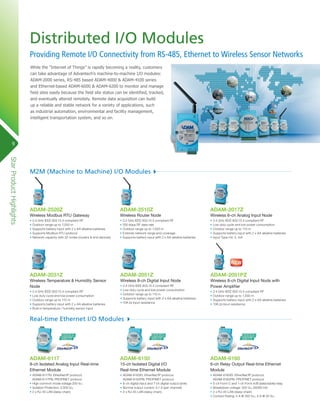 Distributed I/O Modules
Providing Remote I/O Connectivity from RS-485, Ethernet to Wireless Sensor Networks
While the “Internet of Things” is rapidly becoming a reality, customers
can take advantage of Advantech’s machine-to-machine I/O modules:
ADAM-2000 series, RS-485 based ADAM-4000 & ADAM-4100 series
and Ethernet-based ADAM-6000 & ADAM-6200 to monitor and manage
field sites easily because the field site status can be identified, tracked,
and eventually altered remotely. Remote data acquisition can build
up a reliable and stable network for a variety of applications, such
as industrial automation, environmental and facility management,
intelligent transportation system, and so on.

9

Star Product Highlights

M2M (Machine to Machine) I/O Modules

ADAM-2520Z

ADAM-2510Z

ADAM-2017Z

Wireless Modbus RTU Gateway

Wireless Router Node

Wireless 6-ch Analog Input Node

•	2.4 GHz IEEE 802.15.4 compliant RF
•	Outdoor range up to 1,000 m
•	Supports battery input with 2 x AA alkaline batteries
•	Supports Modbus RTU protocol
•	Network capacity with 32 nodes (routers & end devices)

•	2.4 GHz IEEE 802.15.4 compliant RF
•	250 kbps RF data rate
•	Outdoor range up to 1,000 m
•	Extends network range and coverage
•	Supports battery input with 2 x AA alkaline batteries

•	2.4 GHz IEEE 802.15.4 compliant RF
•	Low duty cycle and low power consumption
•	Outdoor range up to 110 m
•	Supports battery input with 2 x AA alkaline batteries
•	lnput Type mV, V, mA

ADAM-2031Z

ADAM-2051Z

ADAM-2051PZ

Wireless Temperature & Humidity Sensor
Node

Wireless 8-ch Digital Input Node

Wireless 8-ch Digital Input Nods with
Power Amplifier

•	2.4 GHz IEEE 802.15.4 compliant RF
•	Low duty cycle and low power consumption
•	Outdoor range up to 110 m
•	Supports battery input with 2 x AA alkaline batteries
•	Built-in temperature / humidity sensor input

•	2.4 GHz IEEE 802.15.4 compliant RF
•	Low duty cycle and low power consumption
•	Outdoor range up to 110 m
•	Supports battery input with 2 x AA alkaline batteries
•	10K Ω input resistance

•	2.4 GHz IEEE 802.15.4 compliant RF
•	Outdoor range up to 1,000 m
•	Supports battery input with 2 x AA alkaline batteries
•	10K Ω input resistance

Real-time Ethernet I/O Modules

ADAM-6117

ADAM-6150

ADAM-6160

8-ch Isolated Analog Input Real-time
Ethernet Module

15-ch Isolated Digital I/O
Real-time Ethernet Module

6-ch Relay Output Real-time Ethernet
Module

•	ADAM-6117EI: EtherNet/IP protocol;
ADAM-6117PN: PROFINET protocol
•	High common mode voltage 200 VDC
•	Isolation Protection: 2,500 VDC
•	2 x RJ-45 LAN (daisy chain)

•	ADAM-6150EI: EtherNet/IP protocol;
ADAM-6150PN: PROFINET protocol
•	8-ch digital input and 7-ch digital output (sink)
•	Normal output current: 0.1 A (per channel)
•	2 x RJ-45 LAN (daisy chain)

•	ADAM-6160EI: EtherNet/IP protocol;
ADAM-6160PN: PROFINET protocol
•	5-ch Form C and 1-ch Form A/B (selectable) relay
•	Breakdown voltage: 500 VAC (50/60 Hz)
•	2 x RJ-45 LAN (daisy chain)
•	Contact Rating: 5 A @ 250 VAC; 5 A @ 30 VDC

 