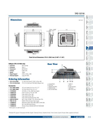 TPC-1571H
Dimensions

Unit: mm

1
2
3
4
5
6
7
8
9
10
11
12
13
14
15
16
17
18

WebAccess+ Solutions

Machine Automation

383
306.1

4.5

78.50
24.5

25 REF

Energy Automation

373

297

230.1
307

Building Automation
Systems

Automation Software

Operator Panels

Automation Panel PCs

Industrial Panel
Computers & Panel PC

Panel Cut-out Dimensions: 374.5 x 298.5 mm (14.98" x 11.94")

Industrial Monitors

Rear View

CANopen (TPC-1571HCA only)
ƒƒ
ƒƒ
ƒƒ
ƒƒ
ƒƒ
ƒƒ
ƒƒ

Controller 	
Connector 	
Transceiver	
Protocol 	
Speed 	
Signal Support 	
Interrupt Support 	

NXP SJA1000
DB9 x 2
NXP 82C251
CAN2.0 A/B
1Mbps
CAN_H, CAN_L, GND
Legacy INT, MSI

j

Industrial Wireless
Solutions

a
i

b

Serial Device Servers
and IP Gateways

Ordering Information
ƒƒ TPC-1571H-D3AE 	
ƒƒ TPC-1571HCA-D3AE 	

Industrial Ethernet
Solutions

15" XGA Touch Panel PC, D525 1.8 GHz, 4GB
TPC-1571H-D3AE with PCM-2680 CANopen Card

Accessories
ƒƒ TPC-1000H-WMKE	
TPC series wallmount kit from 10" to 17"
ƒƒ TPC-1000H-SMKE	
TPC series stand kit from 10" to 17"
ƒƒ 1757003463	
100-240VAC to 19VDC 90W Power Adapter
ƒƒ 1700001524	
Power Cord 3P UL 10A 125V 1.8M
ƒƒ 1702002605	
Power cable EU Plug 1.8M
ƒƒ 1702031801 	
Power cable UK Plug 1.8M
ƒƒ 1702031836 	
Power cable China/Australia Plug 1.8M
ƒƒ EWM-W139F01E	
802.11 b/g/n, RT5390, 1T1R, Full-size Mini-PCIe
ƒƒ PWR-247-AE	
50W DC 24V/2.3A Output Power Supply
ƒƒ 1750000318	
EMI Antenna 2DBI 2.4GHz SMA CONN for ARK-3384
ƒƒ 1750003222	
802.11b/g 5dBi Dipole Antenna
ƒƒ 1750003418	
Wireless Antenna AN2400-5901RS R/P SMA.M9dB
* VESA support via a wall mounting kit

c

d

e f g h

a. CompactFlash
b. PCI-E slot
c. COM (RS-422/485)
d. COM (RS-232)
e. LAN (10/100/1000)

f. USB 2.0
g. PS/2
h. Power Receptor
i. DI/O ports
j. Mini PCI-E slot

Serial Communication
Cards

Embedded Automation
Computers

PACs

Compact PCI Systems

M2M I/O Modules

RS-485 I/O Modules

* Windows XPe supports 10 lanquaqes with MUI. (English, Traditional Chinese, Simplifed Chinese, French, German, Spanish, Russian, Italian, Japanese and Korean)

Online Download www.advantech.com/products

7-11

 