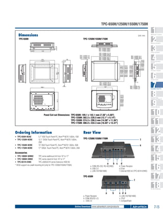 TPC-650H/1250H/1550H/1750H
Dimensions

Unit: mm

TPC-650H

TPC-1250H/1550H/1750H

1
2
3
4
5
6
7
8
9
10
11
12
13
14
15
16
17
18

WebAccess+ Solutions

6

TPC-1250H: 180.0
TPC-1250H: 180.0
TPC-1550H: 230.0
TPC-1550H: 230.0
TPC-1750H: 240.0
TPC-1750H: 240.0

86.1
148
86.1
148

70.5

TPC-1250H: 53.153.1
TPC-1250H:
TPC-1550H: 58.158.1
TPC-1550H:
TPC-1750H: 64.464.4
TPC-1750H:

TPC-1250H: 186.3
TPC-1550H: 230.1
TPC-1750H: 272.5
TPC-1250H: 186.3
TPC-1550H: 230.1
TPC-1250H: 237.0
TPC-1750H: 272.5
TPC-1550H: 307.0
TPC-1750H: 347.5
TPC-1250H: 237.0
TPC-1550H: 307.0
TPC-1750H: 170.0
TPC-1250H: 347.5
TPC-1550H: 236.0
TPC-1750H: 210.0
TPC-1250H: 170.0
TPC-1550H: 236.0
TPC-1750H: 210.0

58 58
6 6

195195
114.7
114.7

Energy Automation

TPC-1250H: 311.0
TPC-1250H: 311.0
TPC-1550H: 383.0
TPC-1550H: 383.0
TPC-1750H: 414.0
TPC-1750H: 414.0
TPC-1250H: 247.2
TPC-1250H: 247.2
TPC-1550H: 306.1
TPC-1550H: 306.1
TPC-1750H: 340.0
TPC-1750H: 340.0

TPC-1250H:
TPC-1250H: 3.5 3.5
TPC-1550H:
TPC-1550H: 4.5 4.5
TPC-1750H:
TPC-1750H: 7.0 7.0

140
TPC-1250H: 33.4
140
TPC-1550H: 76.4
TPC-1750H: 86.9
TPC-1250H: 33.4
TPC-1550H: 76.4
TPC-1750H: 86.9

132132

70.5

28.128.1

6

Machine Automation

Building Automation
Systems

Automation Software

Operator Panels

TPC-1250H: 6.5 6.5
TPC-1250H:
TPC-1550H: 7.0 7.0
TPC-1550H:
TPC-1750H: 5.5 5.5
TPC-1750H:

141.1

141.1

6

4

Automation Panel PCs

TPC-1250H: 227.5
TPC-1550H: 297.0
TPC-1750H: 333.5
TPC-1250H: 227.5
TPC-1550H: 297.0
TPC-1750H: 333.5

6

188.1
188.1

4

TPC-1250H: 301.5
TPC-1250H: 301.5
TPC-1550H: 373.0
TPC-1550H: 373.0
TPC-1750H: 400.0
TPC-1750H: 400.0
187187

Industrial Panel
Computers & Panel PC

Industrial Monitors

Panel Cut-out Dimensions:	 TPC-650H: 189.1 x 142.1 mm (7.56" x 5.68")
	
TPC-1250H: 302.5 x 228.5 mm (12.1" x 9.14")
	
TPC-1550H: 374.5 x 298.5 mm (14.98" x 11.94")
	
TPC-1750H: 400.8 x 334.3 mm (16.03" x 13.37")

Ordering Information

Industrial Ethernet
Solutions

Rear View

ƒƒ TPC-650H-N2AE	
ƒƒ TPC-1250H-N2BE	

Industrial Wireless
Solutions

TPC-1250H/1550H/1750H

ƒƒ TPC-1550H-N2BE	
ƒƒ TPC-1750H-N2BE	

5.7" VGA Touch Panel PC, Atom™ N270 1.6GHz, 1GB
12.1" SVGA Touch Panel PC, Atom™ N270 1.6GHz,
2GB
15" XGA Touch Panel PC, Atom™ N270 1.6GHz, 2GB
17" SXGA, Touch Panel PC, Atom™ N270 1.6GHz, 2GB

Serial Device Servers
and IP Gateways

f
e

Accessories
ƒƒ TPC-1000H-WMKE	
TPC series wallmount kit from 10" to 17"
ƒƒ TPC-1000H-SMKE	
TPC series stand kit from 10" to 17"
ƒƒ TPC-651H-EHKE	
TPC-x50H/x51H series Extension HDD Kit
* VESA support via a wall mounting kit (only for TPC-1250H/1550H/1750H)

Serial Communication
Cards

Embedded Automation
Computers

a

b c

a. COM (RS-232, RS-422/485)	
b. USB 2.0 			
c. LAN (10/100/1000)		

PACs

d

d. Power Receptor	
e.CFast
f. External HDD kit (TPC-651H-EHKE)

TPC-650H

f

Compact PCI Systems

M2M I/O Modules

RS-485 I/O Modules

a

b

a.	Power Receptor
b.	COM (RS232 x 2)
c.	 USB 2.0

Online Download www.advantech.com/products

c d e
d.	LAN (10/100/1000)
e.	PS/2
f. CompactFlash

7-15

 
