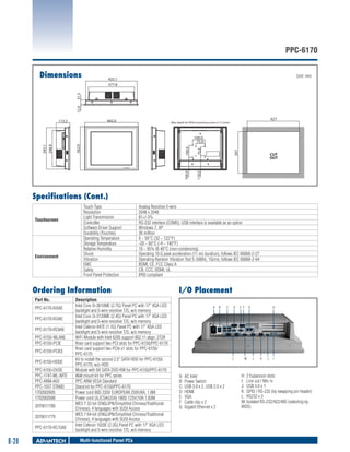 PPC-6170
Dimensions

Unit: mm

12.0

31.5

425.1
377.8

442.0

113.5

427

Max. depth for VESA mounting screws is 7.5 (mm)

75.0
118.5

347

100.0
106.0

362.0

298.9

345.1

100.0
75.0
CUT
OUT

Specifications (Cont.)
Touchscreen

Environment

Touch Type
Resolution
Light Transmission
Controller
Software Driver Support
Durability (Touches)
Operating Temperature
Storage Temperature
Relative Humidity
Shock
Vibration
EMC
Safety
Front Panel Protection

Analog Resistive 5-wire
2048 x 2048
81+/-3%
RS-232 interface (COM5), USB interface is available as an option
Windows 7, XP
36 million
0 ~ 50°C (32 ~ 122°F)
-20 ~ 60°C (-4 ~ 140°F)
10 ~ 95% @ 40°C (non-condensing)
Operating 10 G peak acceleration (11 ms duration), follows IEC 60068-2-27
Operating Random Vibration Test 5~500Hz, 1Grms, follows IEC 60068-2-64
BSMI, CE, FCC Class A
CB, CCC, BSMI, UL
IP65 compliant

Ordering Information
Part No.
PPC-6170-Ri5AE
PPC-6170-Ri3AE
PPC-6170-RC8AE
PPC-6150-WLANE
PPC-6150-PCIE
PPC-6150-PCIEE
PPC-6150-HDDE
PPC-6150-DVDE
PPC-174T-WL-MTE
PPC-ARM-A03
PPC-155T STAND
1702002605
1702002600
2070011780
2070011779
PPC-6170-RC10AE

8-28

Description
Intel Core i5-3610ME (2.7G) Panel PC with 17" XGA LED
backlight and 5-wire resistive T/S, w/o memory
Intel Core i3-3120ME (2.4G) Panel PC with 17" XGA LED
backlight and 5-wire resistive T/S, w/o memory
Intel Celeron 847E (1.1G) Panel PC with 17" XGA LED
backlight and 5-wire resistive T/S, w/o memory
WiFi Module with Intel 6205 support 802.11 abgn, 2T2R
Riser card support two PCI slots for PPC-6150/PPC-6170
Riser card support two PCIe x1 slots for PPC-6150/
PPC-6170
Kit to install the second 2.5" SATA HDD for PPC-6150/
PPC-6170, w/o HDD
Module with 8X SATA DVD-RW for PPC-6150/PPC-6170
Wall mount kit for PPC series
PPC ARM VESA Standard
Stand kit for PPC-6150/PPC-6170
Power cord 90D 220V EUROPEAN 250V/6A, 1.8M
Power cord UL/CSA(USA) 180D 125V/10A 1.83M
WES 7 32-bit (ENG/JPN/Simplified Chinese/Traditional
Chinese), 4 languages with SUSI Access
WES 7 64-bit (ENG/JPN/Simplified Chinese/Traditional
Chinese), 4 languages with SUSI Access
Intel Celeron 1020E (2.2G) Panel PC with 17" XGA LED
backlight and 5-wire resistive T/S, w/o memory

Multi-functional Panel PCs

I/O Placement
A

B

C

D

L

A:	 AC Inlet
B:	 Power Switch
C:	 USB 3.0 x 2, USB 2.0 x 2
D:	HDMI
E:	VGA
F:	 Cable clip x 2
G:	 Gigabit Ethernet x 2

E F

M

G

H

L

K

J

I

H:	 2 Expansion slots
I:	 Line out / Mic in
J:	 USB 3.0 x 1
K:	 GPIO / RS-232 (by swapping pin header)
L:	 RS232 x 3
M:	Isolated RS-232/422/485 (selecting by
BIOS)

 