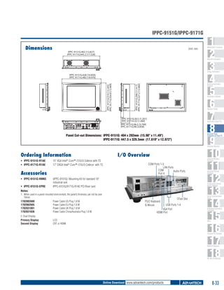 IPPC-9151G/IPPC-9171G
Dimensions

Unit: mm

IPPC-9151G:402 [15.827]
IPPC-9171G:445.2 [17.528]

1
2
3
4
5
6
7
8
9
10
11
12
13
14
15
16
17
18

WebAccess+ Solutions

Machine Automation

Energy Automation

Building Automation
Systems

IPPC-9151G:290 [11.417]
IPPC-9171G:327.2 [12.882]

IPPC-9151G:310 [12.205]
IPPC-9171G:354.8 [13.969]

IPPC-9151G:428 [16.850]
IPPC-9171G:482 [18.976]

Automation Software

Operator Panels

IPPC-9151G:30.5 [1.201]
IPPC-9171G:32 [1.260]
IPPC-9151G:96.5 [3.799]
IPPC-9171G:98 [3.858]

Automation Panel PCs

Industrial Panel
Computers & Panel PC

Panel Cut-out Dimensions:	 IPPC-9151G: 404 x 292mm (15.90" x 11.49")
	
IPPC-9171G: 447.5 x 329.5mm (17.618" x 12.972")

Industrial Monitors

Ordering Information
ƒƒ IPPC-9151G-R1AE 	
ƒƒ IPPC-9171G-R1AE

15" XGA Intel Core™ i7/i5/i3 Celeron with TS
	 7" SXGA Intel® Core™ i7/i5/i3 Celeron with TS
1

Accessories
ƒƒ IPPC-9151G-RMKE	
ƒƒ IPPC-9151G-EPRE	

I/O Overview

Industrial Wireless
Solutions

®

COM Ports 1-3
LAN Ports
COM
Audio Ports
Port 4

(IPPC-9151G) Mounting Kit for standard 19"
industrial rack
IPPC-9151G/9171G-R1AE PCI Riser card

Serial Device Servers
and IP Gateways

Notes:
1.	 When used in a panel mounted environment, the panel’s thickness can not be over
10mm.
1702002600	
1702002605	
1702031801	
1702031836	

Power Cable US Plug 1.8 M
Power Cable EU Plug 1.8 M
Power Cable UK Plug 1.8 M
Power Cable China/Australia Plug 1.8 M

2. Dual Display 	
Primary Display 	
Second Display 	

Industrial Ethernet
Solutions

LCD
CRT or HDMI

PS/2 Keyboard
& Mouse

CFast Slot

USB Ports 1-4
VGA Port
HDMI Port

Serial Communication
Cards

Embedded Automation
Computers

PACs

Compact PCI Systems

M2M I/O Modules

RS-485 I/O Modules

Online Download www.advantech.com/products

8-33

 