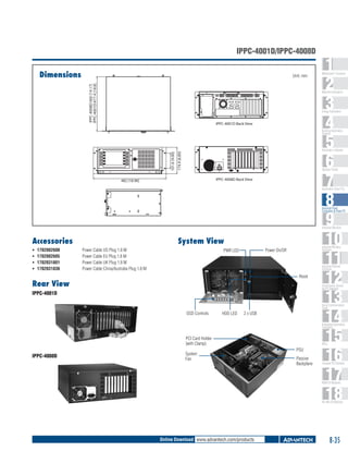 IPPC-4001D/IPPC-4008D
Dimensions
IPPC-4008D:360 [14.17]
IPPC-4001D:477.4 [18.8]

Unit: mm

1
2
3
4
5
6
7
8
9
10
11
12
13
14
15
16
17
18

WebAccess+ Solutions

Machine Automation

Energy Automation

IPPC-4001D Back View

Automation Software

174.9 [6.89]

101.6 [4.00]

Building Automation
Systems

Operator Panels

IPPC-4008D Back View

482 [18.98]

Automation Panel PCs

Industrial Panel
Computers & Panel PC

Industrial Monitors

Accessories
ƒƒ
ƒƒ
ƒƒ
ƒƒ

1702002600	
1702002605	
1702031801	
1702031836	

System View
Power Cable US Plug 1.8 M
Power Cable EU Plug 1.8 M
Power Cable UK Plug 1.8 M
Power Cable China/Australia Plug 1.8 M

Industrial Wireless
Solutions

Power On/Off

PWR LED

Industrial Ethernet
Solutions

Reset

Rear View

Serial Device Servers
and IP Gateways

IPPC-4001D

Serial Communication
Cards

OSD Controls

HDD LED

2 x USB

Embedded Automation
Computers

PCI Card Holder
(with Clamp)

IPPC-4008D

System
Fan

PACs

PSU
Passive
Backplane

Compact PCI Systems

M2M I/O Modules

RS-485 I/O Modules

Online Download www.advantech.com/products

8-35

 