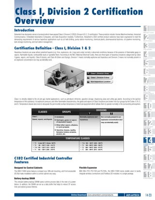 Class I, Division 2 Certification
Overview
Introduction
Advantech has designed a series of products which have passed Class I, Division 2 (CID2), Groups A, B, C, D certification. These products include: Human Machine Interface, Industrial
Communication, Embedded Automation Computers, and Data Acquisition modules. Furthermore, Advantech's CID2 certified product solutions have been engineered to meet the
demanding requirements of various hazardous applications such as oil field drilling, pump station monitoring, chemical plants, pharmaceutical factories, oil pipeline monitoring,
tank storage monitoring, and fuel station management.

Certification Definition - Class I, Division 1 & 2
Hazardous locations are areas where potential hazards (e.g. fires, explosions, etc.) may exist under normal or abnormal conditions because of the presence of flammable gases or
vapors, flammable liquids, combustible dusts or ignitable fibers. According to the NEC (National Electrical Code), there are three types of hazardous locations categorized by Class
I (gases, vapors, and liquids), Class II (dusts), and Class III (fibers and flyings). Division 1 means normally explosive and hazardous and Division 2 means not normally present in
an explosive concentration but may accidentally exist.

1
2
3
4
5
6
7
8
9
10
11
12
13
14
15
16
17
18

WebAccess+ Solutions

Machine Automation

Energy Automation

Building Automation
Systems

Automation Software

Operator Panels

Automation Panel PCs

Industrial Panel
Computers & Panel PC

Class I is directly related to the oil and gas market applications, such as petroleum refineries, gasoline storage, dispensing areas and utility gas plants. According to the ignition
temperature of the substance, its explosion pressure, and other flammable characteristics, the gases and vapors of Class I locations are broken into four groups by the Codes: A, B, C,
and D. Temperature classes also exist to designate the permissible surface temperature of electrical equipment which allows them to operate normally in the surrounding atmosphere.

Industrial Monitors

Industrial Wireless
Solutions

Industrial Ethernet
Solutions

Serial Device Servers
and IP Gateways

Serial Communication
Cards

Embedded Automation
Computers

PACs

C1D2 Certified Industrial Controller
Features

Compact PCI Systems

Designed for Control Cabinets

Flexible Expansion

The UNO-1100H series feature a compact size, DIN-rail mounting, and front-accessible
I/O that make installation within a control cabinet very easy.

With Mini PCI, PCI-104 and PC/104+, the UNO-1100H series enable users to easily
integrate wireless connections and Fieldbus I/O modules in a single package.

Battery-backup SRAM

M2M I/O Modules

RS-485 I/O Modules

The onboard battery-backup SRAM saves runtime process data in the even of a power
failure. In addition, the SRAM can act as a data buffer that helps to reduce CF access
time and extend product lifetime.

Online Download www.advantech.com/products

14-23

 