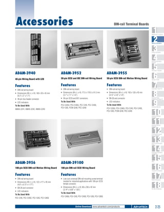 Accessories

DIN-rail Terminal Boards

1
2
3
4
5
6
7
8
9
10
11
12
13
14
15
16
17
18

WebAccess+ Solutions

Machine Automation

Energy Automation

Building Automation
Systems

ADAM-3940

ADAM-3952

ADAM-3955

40-pin Wiring Board with LED

50-pin SCSI and IDC DIN-rail Wiring Board

50-pin SCSI DIN-rail Motion Wiring Board

Features

Features

Features

ƒƒ DIN-rail wiring board

ƒƒ DIN-rail wiring board

ƒƒ DIN-rail wiring board

ƒƒ Dimensions (W x L x H): 160 x 50 x 43 mm
(6.3" x 2" x 1.7")

ƒƒ Dimensions (W x L x H): 77.5 x 179.5 x 41.5 mm
(3.1" x 7.1" x 1.6")

ƒƒ Dimensions (W x L x H): 103 x 120 x 45 mm
(4.12" x 4.8" x 1.8")

ƒƒ 40-pin box header connector

ƒƒ 50-pin SCSI and IDC connectors

ƒƒ DB-26 and connector

ƒƒ LED indicators

To Be Used With

ƒƒ LED indicators

To Be Used With

PCI-1220U, PCI-1240U, PCI-1245, PCI-1245E,
PCI-1265, PCM-3240, PEC-3240

To Be Used With

AMAX-2241, AMAX-2242, AMAX-2243

PCI-1220U, PCI-1240U, PCI-1245, PCI-1245E,
PCI-1265, PCM-3240, PEC-3240

Automation Software

Operator Panels

Automation Panel PCs

Industrial Panel
Computers & Panel PC

Industrial Monitors

Industrial Wireless
Solutions

Industrial Ethernet
Solutions

Serial Device Servers
and IP Gateways

Serial Communication
Cards

Embedded Automation
Computers

ADAM-3956

ADAM-39100

100-pin SCSI DIN-rail Motion Wiring Board

100-pin DIN-rail SCSI Wiring Board

PACs

Compact PCI Systems

Features

Features

ƒƒ DIN-rail wiring board

ƒƒ Low cost universal DIN-rail mounting screw terminal
module for industrial applications with 100-pin SCSI
female connector

ƒƒ Dimensions (W x L x H): 122 x 171 x 45 mm
(4.8" x 6.73" x 1.77")
ƒƒ DB-26 and connector
ƒƒ LED indicators
To Be Used With
PCI-1245, PCI-1245E, PCI-1265, PCI-1285E

ƒƒ Dimensions (W x L x H): 80 x 230 x 42 mm
(3.14" x 9.05" x 1.65")

M2M I/O Modules

RS-485 I/O Modules

To Be Used With
PCI-1240U, PCI-1245, PCI-1245E, PCI-1265, PCI-1285E

Online Download www.advantech.com/products

2-25

 