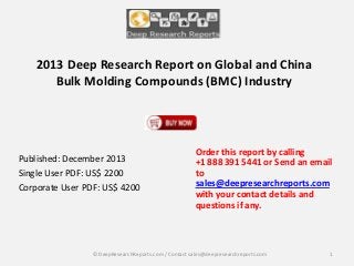 2013 Deep Research Report on Global and China
Bulk Molding Compounds (BMC) Industry

Published: December 2013
Single User PDF: US$ 2200
Corporate User PDF: US$ 4200

Order this report by calling
+1 888 391 5441 or Send an email
to
sales@deepresearchreports.com
with your contact details and
questions if any.

© DeepResearchReports.com / Contact sales@deepresearchreports.com

1

 