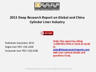 2013 Deep Research Report on Global and China
Cylinder Liner Industry

Published: December 2013
Single User PDF: US$ 2200
Corporate User PDF: US$ 4200

Order this report by calling
+1 888 391 5441 or Send an email
to
sales@deepresearchreports.com
with your contact details and
questions if any.

© DeepResearchReports.com / Contact sales@deepresearchreports.com

1

 