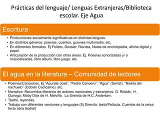Prácticas del lenguaje/ Lenguas Extranjeras/Biblioteca
escolar. Eje Agua
Escritura
• Producciones socialmente significativas en distintas lenguas.
• En distintos géneros: poesías, cuentos, guiones multimedia, etc.
• En diferentes formatos. Ej Folleto, Dossier, Revista, Notas de enciclopedia, afiche digital y
papel.
• Articulación de la producción con otras áreas: Ej. Poesías sonorizadas y/ o
musicalizadas, libro álbum, libro juego, etc.
El agua en la literatura – Comunidad de lectores
• Poemas/Canciones. Ej:”Apurate José”, “Pedro Canoero”, “Agua” (Serrat), “Niebla del
riachuelo” (Cobián Cadícamo), etc.
• Narrativa: Recorridos literarios de autores nacionales y extranjeros: G. Roldán, H.
Quiroga, Moby Dick de H. Melville, La Sirenita de H.C. Andersen.
• Teatro, leyendas.
• Trabajo con diferentes versiones y lenguajes (Ej Sirenita: texto/Película, Cuentos de la selva:
texto obra teatral)
 