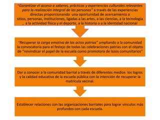 Establecer relaciones con las organizaciones barriales para lograr vínculos más
profundos con cada escuela.
Dar a conocer a la comunidad barrial a través de diferentes medios los logros
y la calidad educativa de la escuela pública con la intención de recuperar la
matrícula vecinal.
“Recuperar la carga emotiva de los actos patrios” ampliando a la comunidad
la convocatoria para el festejo de todas las celebraciones patrias con el objeto
de “reivindicar el papel de la escuela como promotora de lazos comunitarios”
“Garantizar el acceso a saberes, prácticas y experiencias culturales relevantes
para la realización integral de las personas” a través de las experiencias
directas proporcionando una oportunidad de acercamiento a
sitios, personas, instituciones, ligadas a las artes, a las ciencias, a la tecnología
, a la actividad física y el deporte, a la historia o a la identidad nacional
 