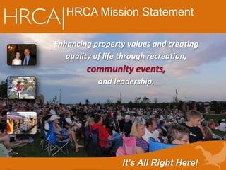 HRCA Mission Statement
Enhancing property values and creating
quality of life through recreation,
community events,
and leadership.
It’s All Right Here!
 