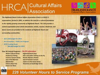 226 Volunteer Hours to Service Programs
Cultural Affairs
Association
The Highlands Ranch Cultural Affairs Association (CAA) is a 501(C) 3
organization, formed in 2001, to address the need for a cultural foundation
in the rapidly growing community of Highlands Ranch. The CAA provides a
central organization from which educational, artistic, musical, theatrical, and
dance events are provided to the residents of Highlands Ranch and
surrounding communities.
• $217,550 budget for 2013
• Art Encounters – Public Art Program
• SCFD Funding Grant
• $80,000 budget for 2013
Over 30 Cultural Programs = 34,476 attendees
Winter Cultural Series Highlands Ranch Days
Hooked on Fishing Kid’s and Ladies’ Fishing on the Fly
Summer Concert Series Murder Mystery Theater
Jazz at the Mansion End-of-Summer Concert
Oktoberfest Culture on the Green Series
Chinese New Year Showtime at Southridge Series
Classic Car Show
 
