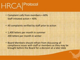 Protocol
• Complaint calls from members = 60%
Staff initiated action = 40%
• All complaints verified by staff prior to action
• 1,400 letters per month in summer
200 letters per month in winter
• Board Members should refrain from discussing all
compliance issues with staff or members as they may be
brought before the Board for a decision at a later date
 