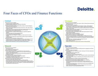 Four Faces of CFOs and Finance Functions
Catalyst
What is the key Focus of a Catalyst?
• Disciplined execution of strategic choices
• Changing organization behavior and establishing a value attitude
What are the key Roles of a Catalyst?
• Gaining business alignment to successfully identify, evaluate and execute strategies by
partnering with senior management
• Being a business partner with other executives such as the CIO, CMO, Head of HR and
business unit leaders
• Implementing a process to define optimal targets and to measure the performance of the
strategic initiatives through a Balanced Scorecard and/or KPI framework
What Competencies does a Catalyst typically have?
• Business perspective, change and conflict management, organizational agility and
facilitation
• Strong communication and change management skills
• Strong leadership and business partnering skills
• Creating a culture of risk intelligence to manage risk to proper execution of business
strategies
• Understanding of key performance measurements to measure success of strategic and
operating initiatives
What are some of the Critical Issues a Catalyst may face?
• Establishing structure of enterprise accountability for results, driving enterprise execution
• Gaining acceptance from business management as the organization’s catalyst
• Maintaining enterprise accountability while business models continue to change through
extended business relationships, outsourcing models and global expansion

Strategist
28%

30%
CURRENT

CURRENT

18%

17%

Steward
What is the key Focus of a Steward?
• Accounting and control
• Risk management and preserving assets
What are the key Roles of a Steward?
• Ensure company compliance with financial reporting and control requirements
• Ensure adequate assessment and mitigation of risk, and compliance with applicable
regulatory or other legal requirements
• Manage business complexity while minimizing risk as the business executes on its
strategies and initiatives
What Competencies does a Steward typically have?
• Accounting and reporting, compliance, applying good judgment
• Knowledgeable of operational and fraud risks
• Understanding of controls and related control frameworks (COSO, COBIT, etc.)
What are some of the Critical Issues a Steward may face?
• Information and data quality, optimizing controls
• Increased regulatory enforcement across domestic and global operations
• Span of control over international operations and differing operating models and cultures
• Understanding effective governance models over growing business complexity, global reach
and overall marketing, sales and product complexity (i.e. extended business relationships,
royalty agreements, distributorships, etc.)

What is the key Focus of a Strategist?
• Helping to set the future direction of the company in order to enhance business performance
and shareholder value
What are the key Roles of a Strategist?
• Leveraging financial perspective to frame the acquisition of capital, undertake M&A and
other investments, strategic decision-making, integration of performance management
• Create a capital and risk management lens to support the effective execution of the strategic
initiatives of the Company
• Establish, implement and monitor management’s intervention strategy when risk issues
exceed defined thresholds of risk tolerance
What Competencies does a Strategist typically have?
• Critical thinking, analysis and presentation of data, global financial perspective, strategic
agility, dealing with ambiguity
• Capital formation and structuring experience
• Merger targeting, due diligence and integration experience
What are some of the Critical Issues a Strategist may face?
• Providing a financial perspective on innovation, M&A and profitable growth, acquiring
capital and translating expectations of the capital markets into internal business imperatives
• Providing the information and tools necessary for the organization to make sound business
decisions
• Strategic M&A wave – speed and the need to get ahead of the curve
• Difficult capital markets and lining up M&A funds
• Merger integration execution
• Balancing risk tolerance with changing business model and M&A opportunities

Operator

36%

28%

21%
CURRENT

* Percentages above are from CFOs in the Deloitte Quarterly CFO Survey

21%
CURRENT

What is the key Focus of an Operator?
• Efficiency and effectiveness of operations including overall risk management of the finance
operation
What are the key Roles of an Operator?
• Dynamically balance cost , risk and service levels in delivering on the finance organization’s
responsibilities
• Define and adapt finance’s operating model
• Development of finance talent
What Competencies does an Operator typically have?
• Leverage system capabilities, program / project management, problem solving and adopting
a cross-border attitude
• Strong leadership skills including an understanding of key information systems and human
resource issues
• Strong understanding of the company’s business model and industry
• Understanding of risk and controls to properly manage and help mitigate risk
What are some of the Critical Issues an Operator may face?
• Developing and evolving the finance operating model and talent management in
financial disciplines as the business model continues to change while remaining efficient
and effective
• Determining how to allocate scarce or limited finance resources to drive the greatest return
on investment while managing risk
• Ability to adapt to global markets and operations (shared services) and the evolution
towards International Financial Reporting Standard (IFRS)

 