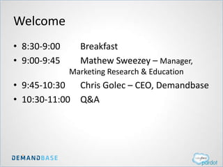 Welcome
• 8:30-9:00 Breakfast
• 9:00-9:45 Mathew Sweezey – Manager,
Marketing Research & Education
• 9:45-10:30 Chris Golec – CEO, Demandbase
• 10:30-11:00 Q&A
 