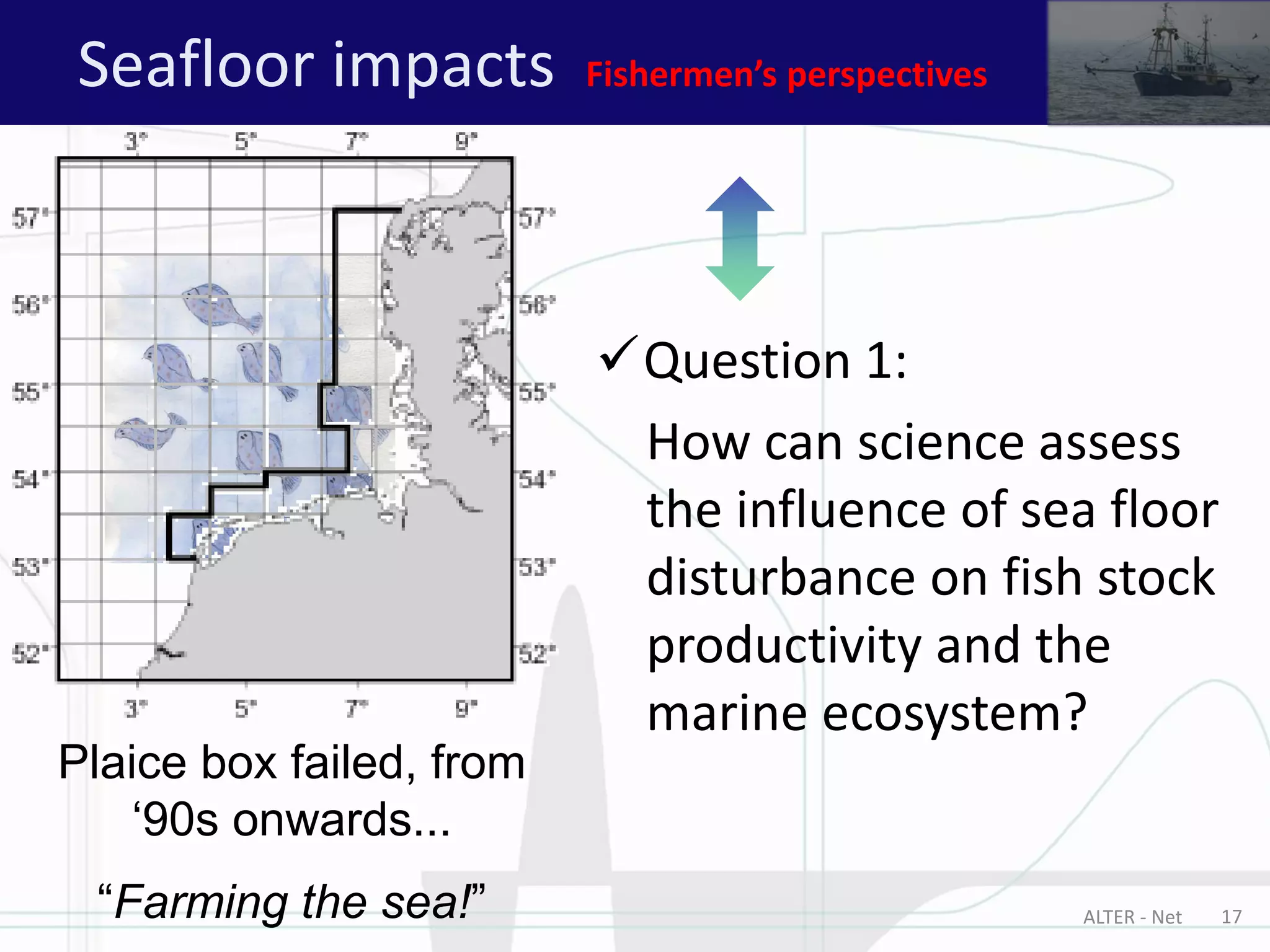 Seafloor impacts
ALTER - Net 17
Seafloor impacts Fishermen’s perspectives
Plaice box failed, from
‘90s onwards...
“Farming the sea!”
Question 1:
How can science assess
the influence of sea floor
disturbance on fish stock
productivity and the
marine ecosystem?
 