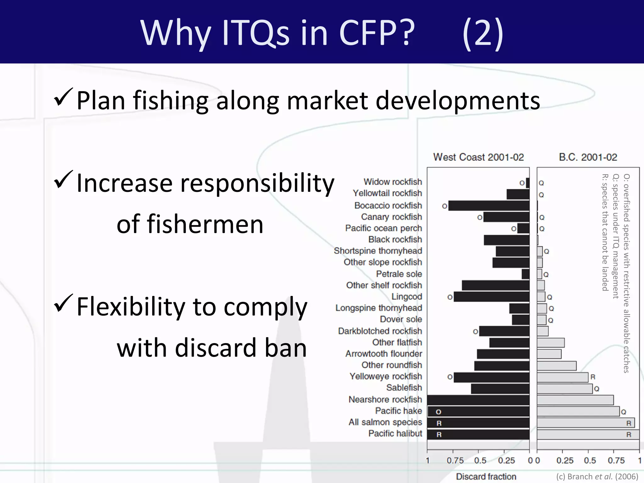 Why ITQs in CFP? (2)
Plan fishing along market developments
Increase responsibility
of fishermen
Flexibility to comply
with discard ban
O:overfishedspecieswithrestrictiveallowablecatches
Q:speciesunderITQmanagement
R:speciesthatcannotbelanded
(c) Branch et al. (2006)
 