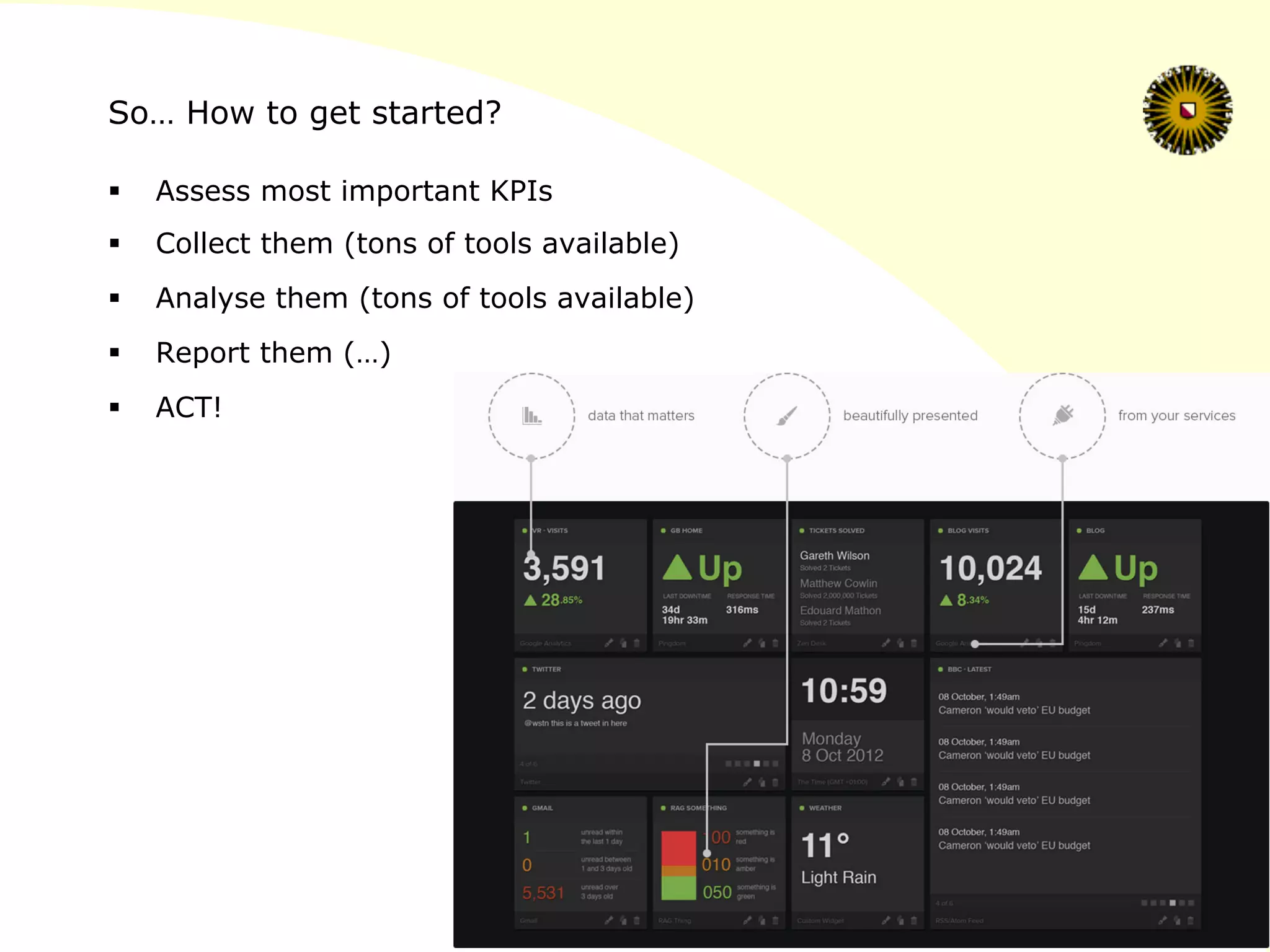 So… How to get started?
§  Assess most important KPIs
§  Collect them (tons of tools available)
§  Analyse them (tons of tools available)
§  Report them (…)
§  ACT!
 