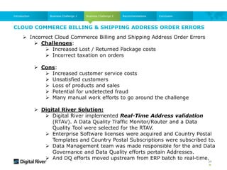 CLOUD COMMERCE BILLING & SHIPPING ADDRESS ORDER ERRORS
39
Business Challenge 2
Business Challenge 1
Introduction Recommendations Conclusion
 Incorrect Cloud Commerce Billing and Shipping Address Order Errors
 Challenges:
 Increased Lost / Returned Package costs
 Incorrect taxation on orders
 Cons:
 Increased customer service costs
 Unsatisfied customers
 Loss of products and sales
 Potential for undetected fraud
 Many manual work efforts to go around the challenge
 Digital River Solution:
 Digital River implemented Real-Time Address validation
(RTAV). A Data Quality Traffic Monitor/Router and a Data
Quality Tool were selected for the RTAV.
 Enterprise Software licenses were acquired and Country Postal
Templates and Country Postal Subscriptions were subscribed to.
 Data Management team was made responsible for the and Data
Governance and Data Quality efforts pertain Addresses.
 And DQ efforts moved upstream from ERP batch to real-time.
 