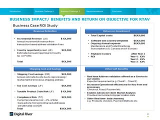 BUSINESS IMPACT/ BENEFITS AND RETURN ON OBJECTIVE FOR RTAV
40
Business Challenge 2
Business Challenge 1
Introduction Recommendations Conclusion
 