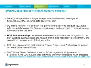 OVERALL BENEFITS OF THE DATA QUALITY PROGRAM
46
Business Challenge 2
Business Challenge 1
Introduction Recommendations Conclusion
 Data Quality provides - Single, independent environment manages all
business rules that ensures data quality for ERP
 DQ Traffic Routing Tool and DQ Tool provides the ability to conduct Real Time
Address validation for the Commerce platforms and other batch mode cleansing
functionality for the ERP
 DQP Tool Advantage: When new e-commerce platforms are integrated to the
ERP, existing business rules are reused, minimizing redundant development, and
centralized management of Business rules
 DQP: A 4-step process that requires People, Process and Technology to support
our Data Governance efforts
 2010 Pitney Bowes Software survey - 2/3 of organizations (revenues >
$1Billion), have Data Governance activities underway (including MDM projects)
http://www.information-management.com/newsletters/data_governance_MDM_maturity_ROI-10022164-1.html
 