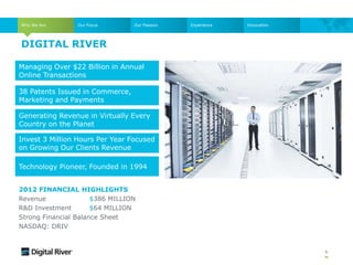 DIGITAL RIVER
6
Generating Revenue in Virtually Every
Country on the Planet
38 Patents Issued in Commerce,
Marketing and Payments
Technology Pioneer, Founded in 1994
2012 FINANCIAL HIGHLIGHTS
Revenue $386 MILLION
R&D Investment $64 MILLION
Strong Financial Balance Sheet
NASDAQ: DRIV
Invest 3 Million Hours Per Year Focused
on Growing Our Clients Revenue
Who We Are Our Focus Our Passion Experience
Managing Over $22 Billion in Annual
Online Transactions
Innovation
 