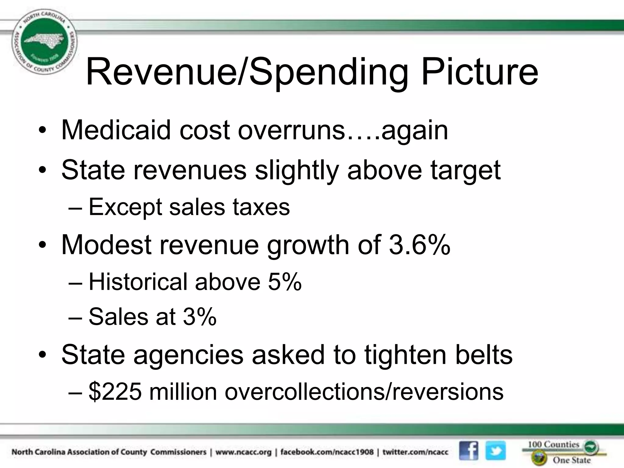 Revenue/Spending Picture
• Medicaid cost overruns….again
• State revenues slightly above target
  – Except sales taxes
• Modest revenue growth of 3.6%
  – Historical above 5%
  – Sales at 3%
• State agencies asked to tighten belts
  – $225 million overcollections/reversions
 