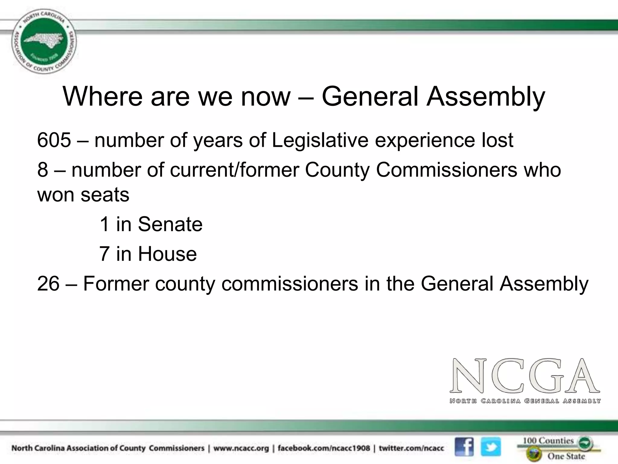 Where are we now – General Assembly
605 – number of years of Legislative experience lost
8 – number of current/former County Commissioners who
won seats
      1 in Senate
      7 in House
26 – Former county commissioners in the General Assembly
 