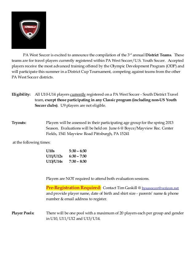 13 Pa West District Team Announcement