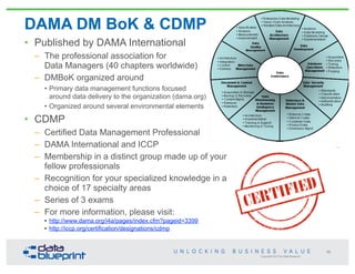 • Published by DAMA International
– The professional association for
Data Managers (40 chapters worldwide)
– DMBoK organized around
• Primary data management functions focused
around data delivery to the organization (dama.org)
• Organized around several environmental elements
• CDMP
– Certified Data Management Professional
– DAMA International and ICCP
– Membership in a distinct group made up of your
fellow professionals
– Recognition for your specialized knowledge in a
choice of 17 specialty areas
– Series of 3 exams
– For more information, please visit:
• http://www.dama.org/i4a/pages/index.cfm?pageid=3399
• http://iccp.org/certification/designations/cdmp
Copyright 2013 by Data Blueprint
DAMA DM BoK & CDMP
10
 